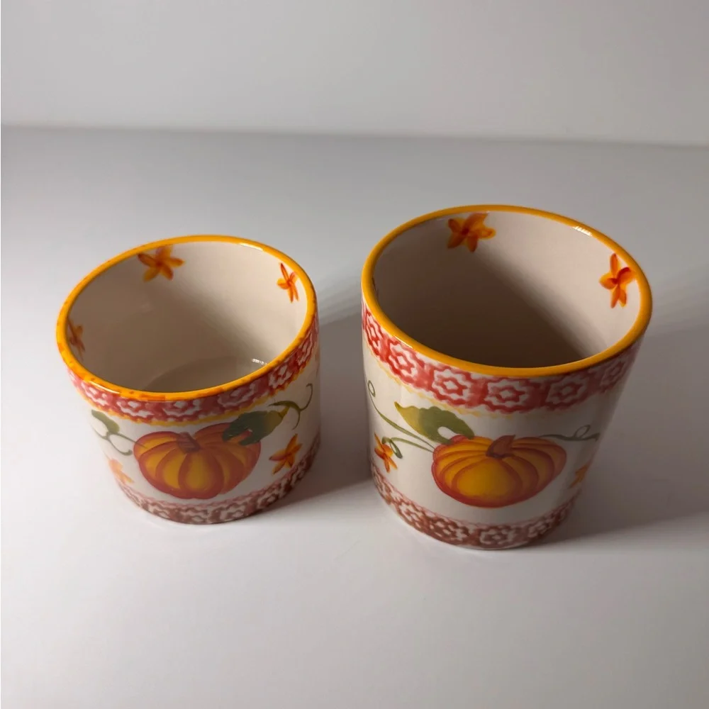 Temptations Pumpkin Ceramic Canisters Jars & Bamboo Lids Grateful & Together